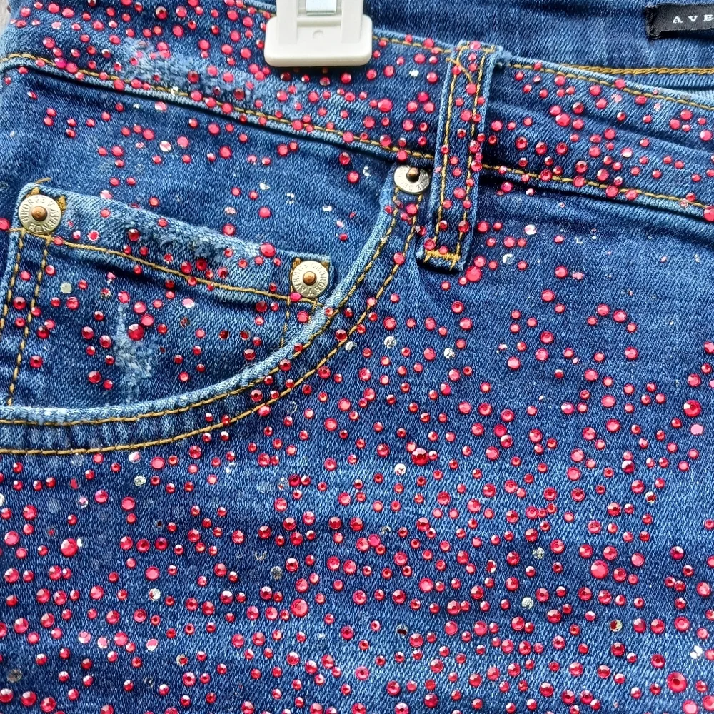 Avenue George V  Red‎ Rhinestone Skinny Jeans Mens Sz 32 Button Fly Distressed